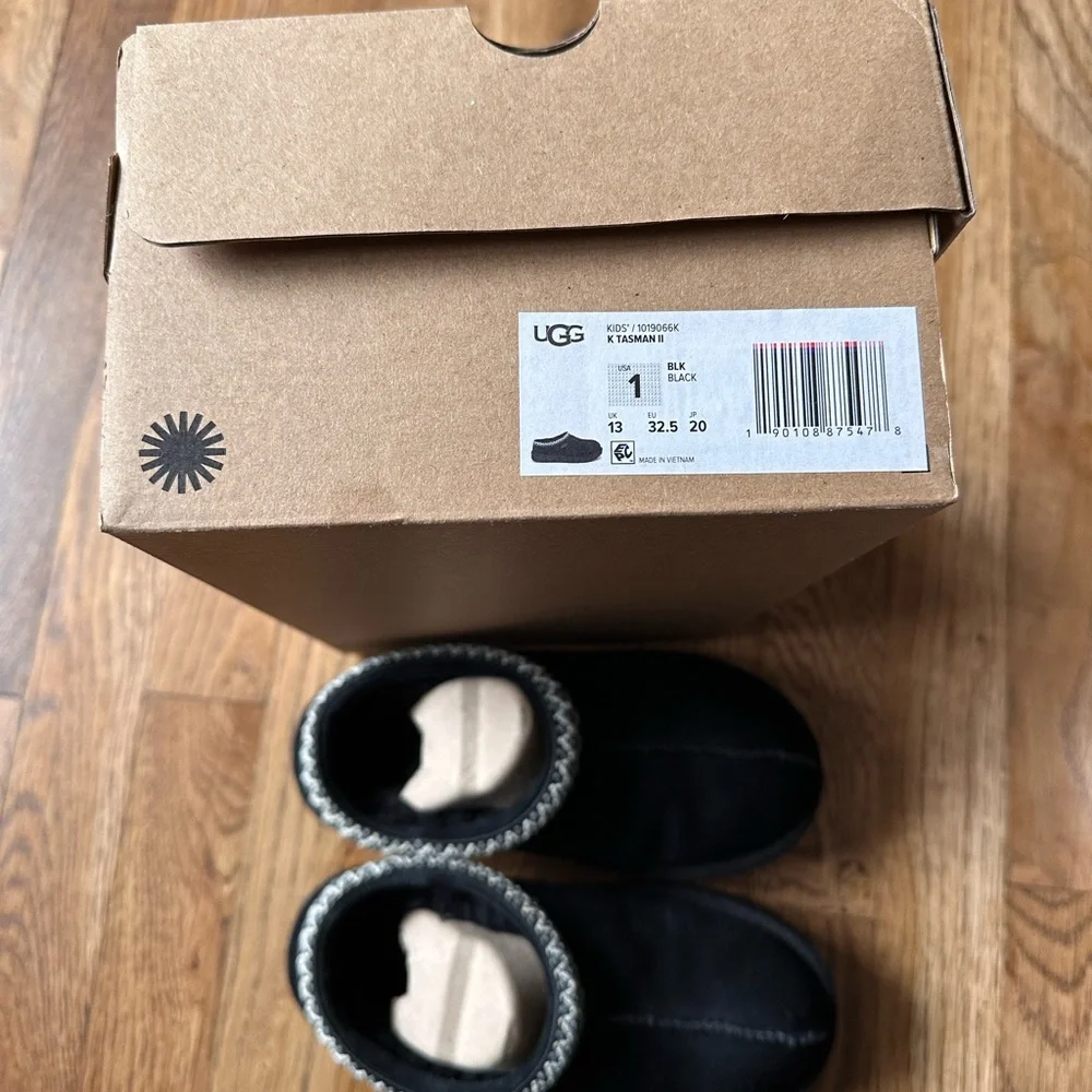 UGG Kids Black Suede Slip-On Shearling Mules with Braided Collar - Picture 4 of 5